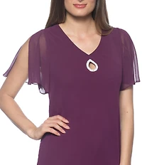 Marina Tiered Chiffon Rhinestone Keyhole V-Neck Flutter Short Sleeve Dress