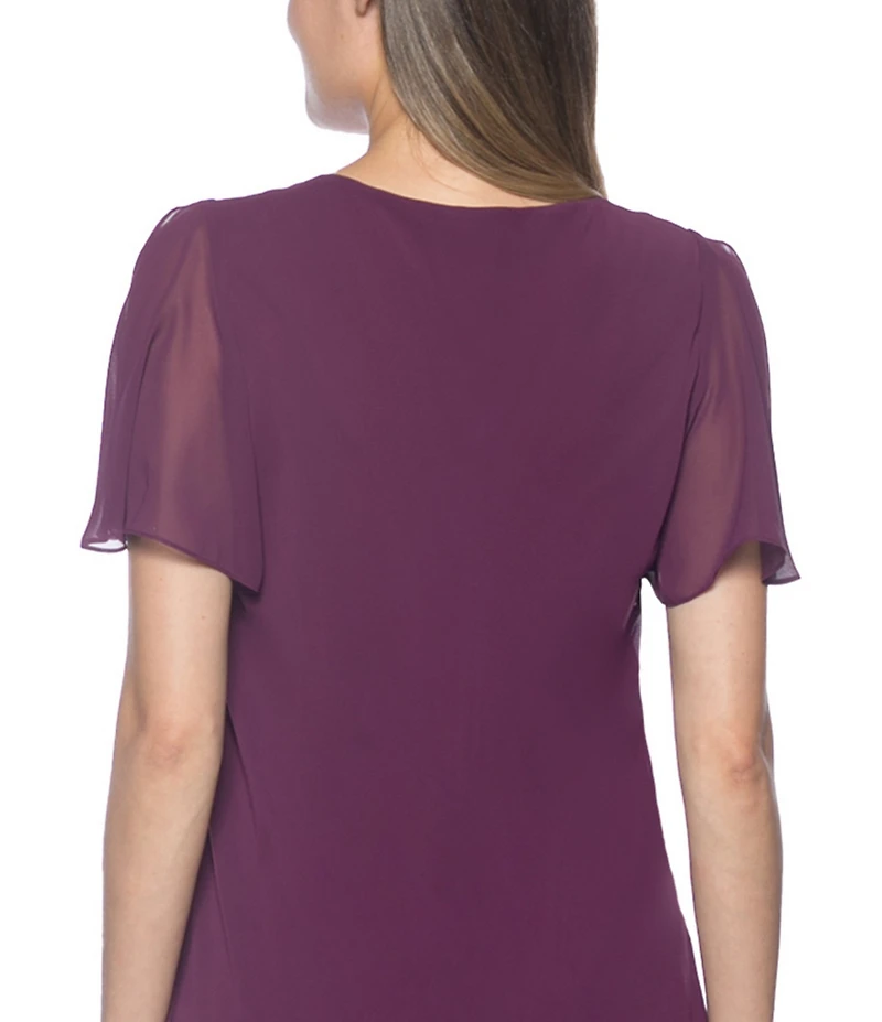 Marina Tiered Chiffon Rhinestone Keyhole V-Neck Flutter Short Sleeve Dress