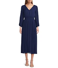 Marina V-Neck 3/4 Sleeve Pleated Midi Dress