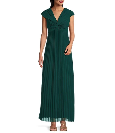Marina V-Neck Cap Sleeve Pleated Chiffon Gown