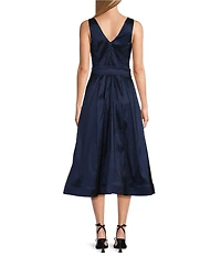 Marina V-Neck Sleeveless Tie Sash Stretch Taffeta Midi Fit and Flare Dress