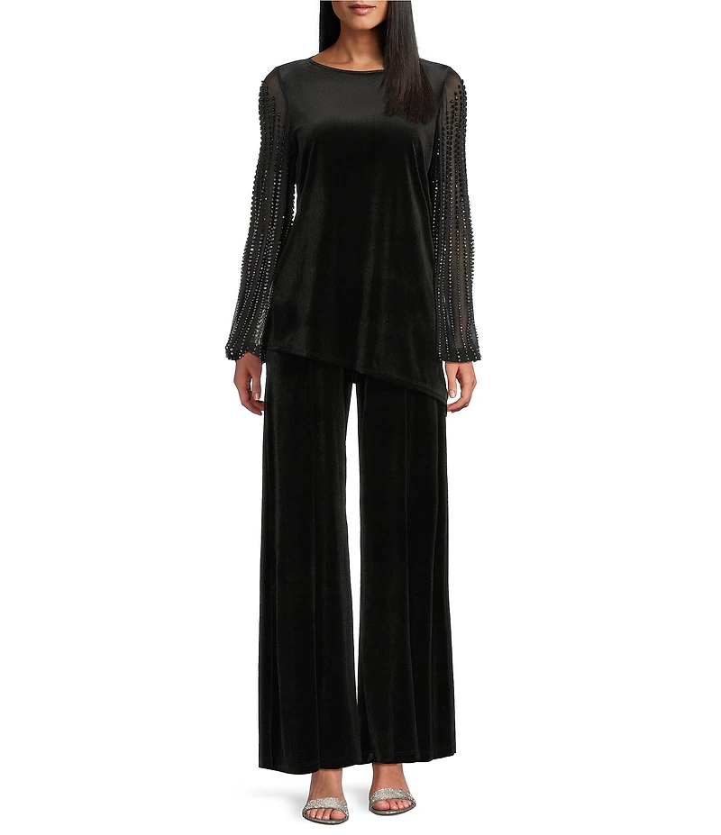 Marina Velvet 2-Piece Beaded Mesh Long Sleeve Pant Set