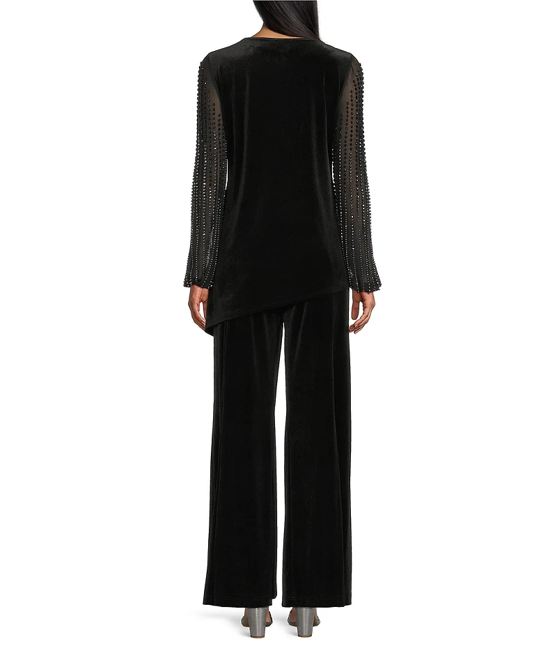 Marina Velvet 2-Piece Beaded Mesh Long Sleeve Pant Set