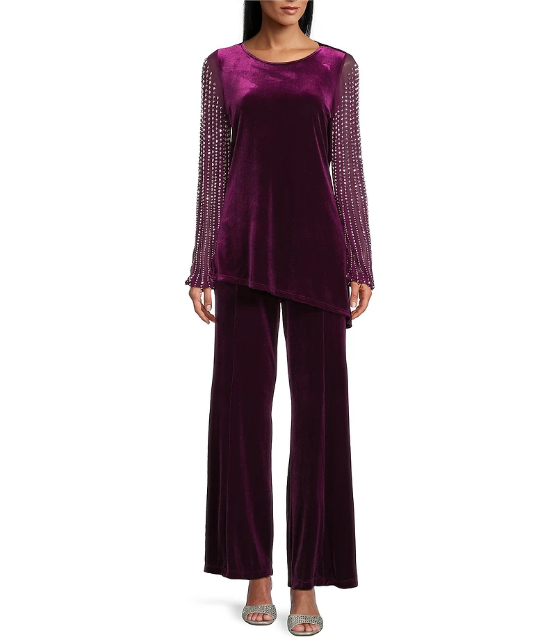 Marina Velvet 2-Piece Beaded Mesh Long Sleeve Pant Set
