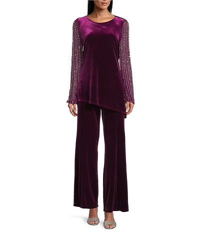 Marina Velvet 2-Piece Beaded Mesh Long Sleeve Pant Set