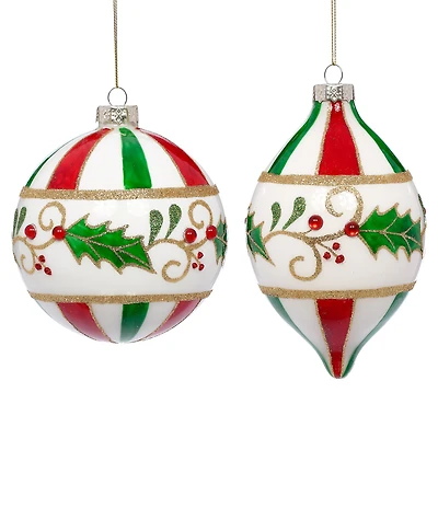 Mark Roberts Holiday Collection 6-Piece Assortment Striped Holly Swirl Hanging Ornament Set