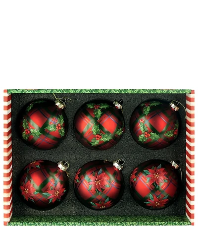 Mark Roberts Holiday Collection Assorted Plaid Poinsettia Ornaments, Set of 6