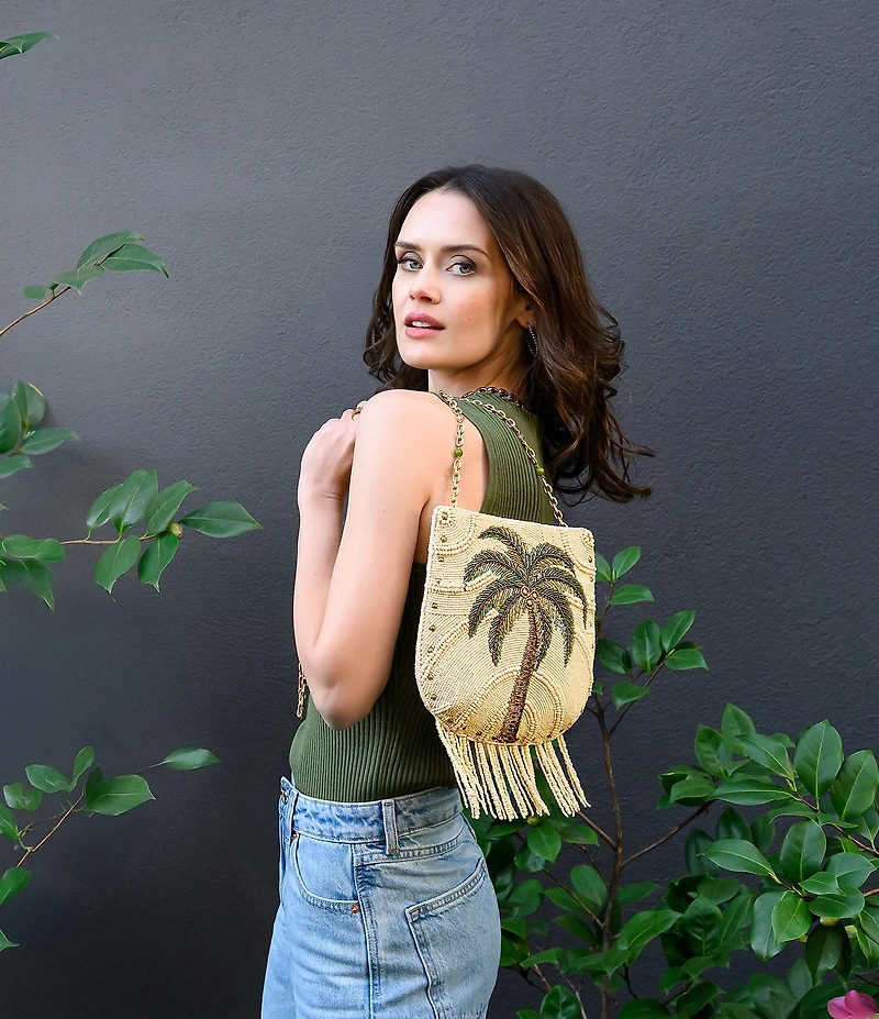 Mary Frances Coconutty Palm Tree Beaded Fringe Crossbody Bag