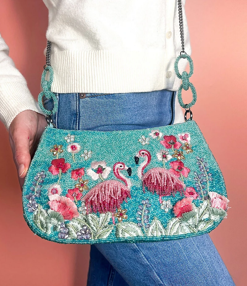 Mary Frances Flirty Flamingos Beaded Fringe Crossbody Bag