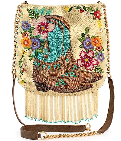 Mary Frances Line Dance Beaded Floral Cowboy Boots Fringe Crossbody Bag