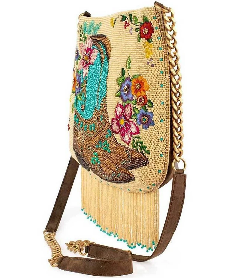 Mary Frances Line Dance Beaded Floral Cowboy Boots Fringe Crossbody Bag