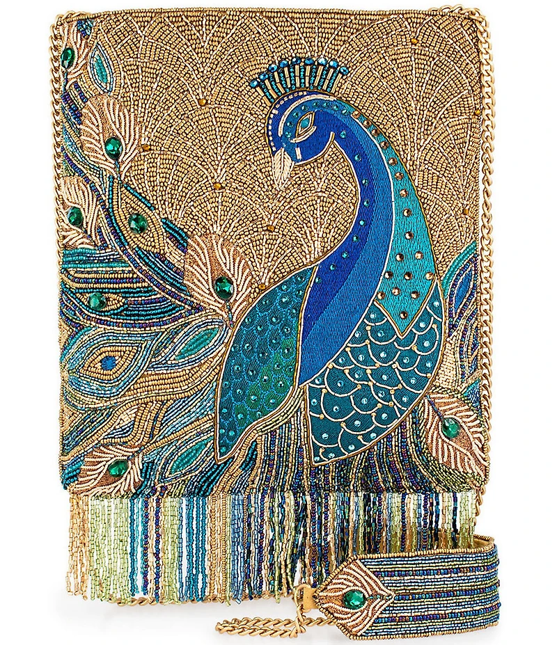 Mary Frances Peacock Feathers Beaded Fringe Crossbody Bag