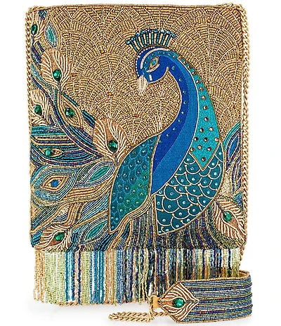Mary Frances Peacock Feathers Beaded Fringe Crossbody Bag
