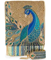 Mary Frances Peacock Feathers Beaded Fringe Crossbody Bag