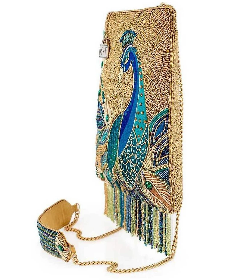 Mary Frances Peacock Feathers Beaded Fringe Crossbody Bag