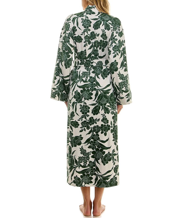 MASONgrey Long Sleeve Tie Front Knit Floral Print Long Kimono Robe