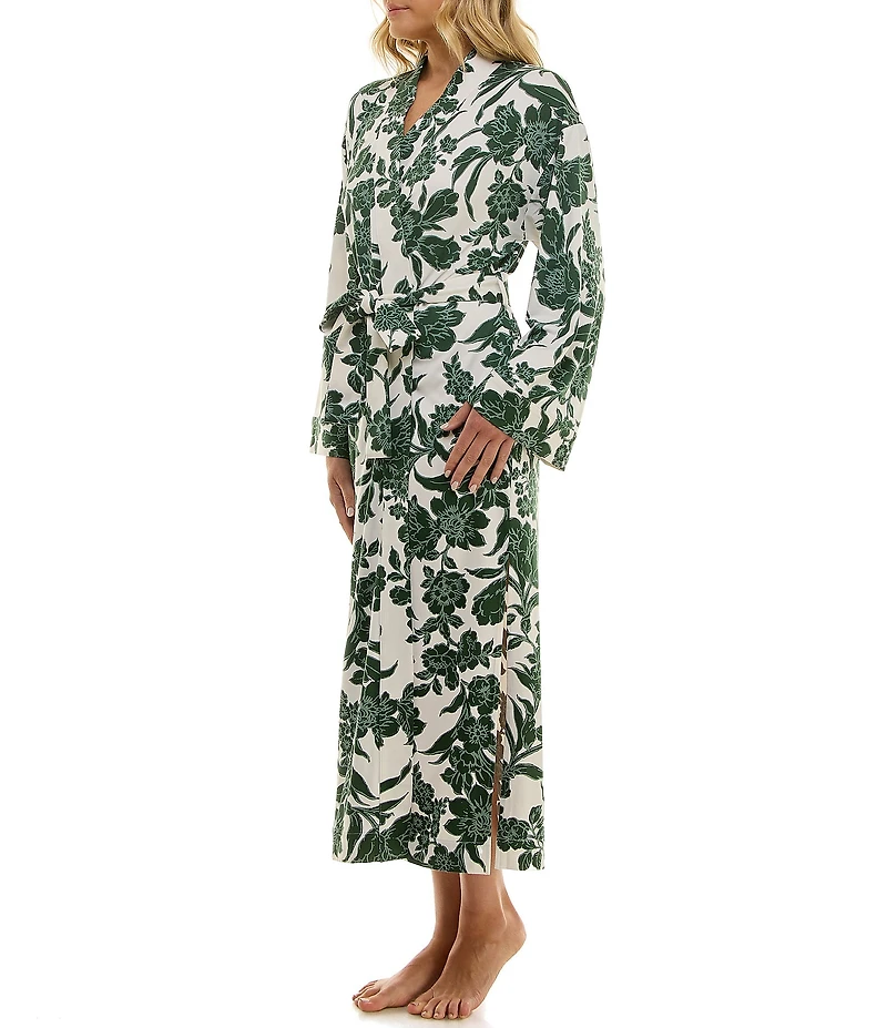 MASONgrey Long Sleeve Tie Front Knit Floral Print Long Kimono Robe