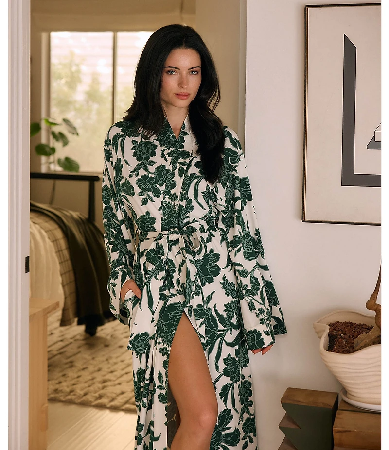 MASONgrey Long Sleeve Tie Front Knit Floral Print Long Kimono Robe