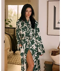 MASONgrey Long Sleeve Tie Front Knit Floral Print Long Kimono Robe