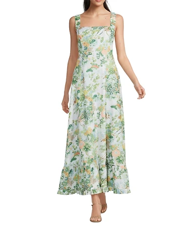 Mason's Daughter Chinoiserie Poplin Square Neck Sleeveless A Line Maxi Dress
