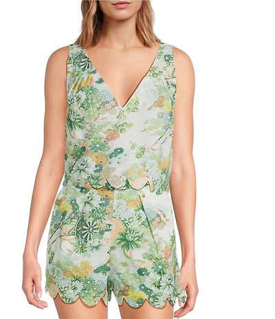 Mason's Daughter Coordinating Woven V-Neck Linen Blend Floral Print Scalloped Top