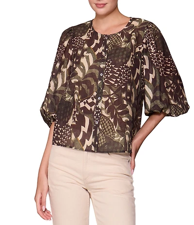 Melloday Abstract Print Round Neck Elbow Puff Sleeve Top