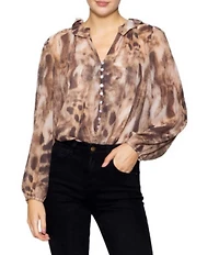 MELLODAY Animal Print Chiffon Ruffle V-Neck Long Sleeve Button Front Blouse