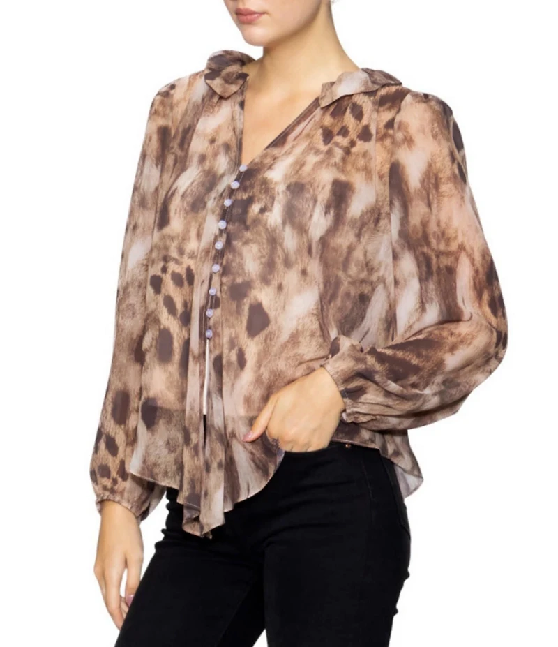 MELLODAY Animal Print Chiffon Ruffle V-Neck Long Sleeve Button Front Blouse