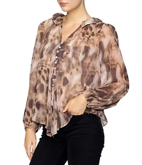 MELLODAY Animal Print Chiffon Ruffle V-Neck Long Sleeve Button Front Blouse