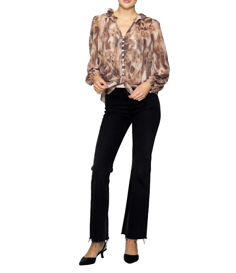 MELLODAY Animal Print Chiffon Ruffle V-Neck Long Sleeve Button Front Blouse