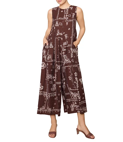 MELLODAY Bandana Print Round Neck Sleeveless Wide Leg Jumpsuit