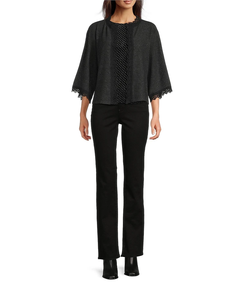 MELLODAY Brushed Heather Knit Scalloped Lace Trim 3/4 Sleeve Cardigan