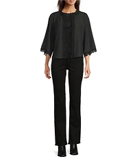 MELLODAY Brushed Heather Knit Scalloped Lace Trim 3/4 Sleeve Cardigan