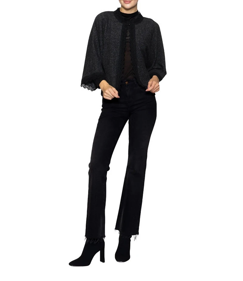 MELLODAY Brushed Heather Knit Scalloped Lace Trim 3/4 Sleeve Cardigan