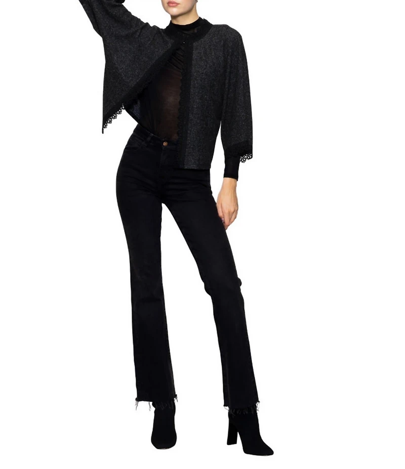 MELLODAY Brushed Heather Knit Scalloped Lace Trim 3/4 Sleeve Cardigan