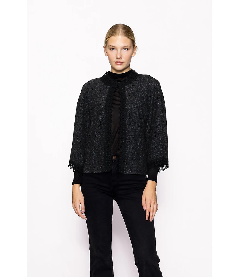 MELLODAY Brushed Heather Knit Scalloped Lace Trim 3/4 Sleeve Cardigan