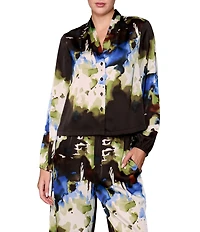 MELLODAY Coordinating Abstract Print Shawl Collar Long Sleeve Satin Top