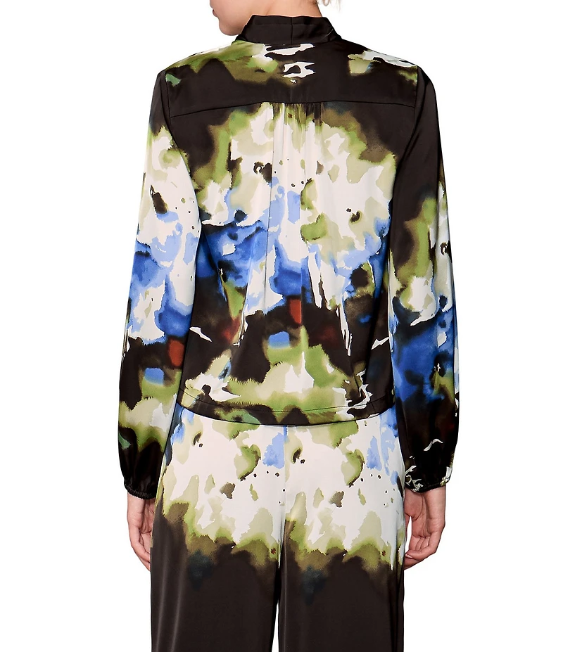 MELLODAY Coordinating Abstract Print Shawl Collar Long Sleeve Satin Top