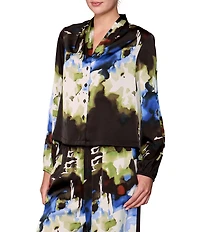 MELLODAY Coordinating Abstract Print Shawl Collar Long Sleeve Satin Top