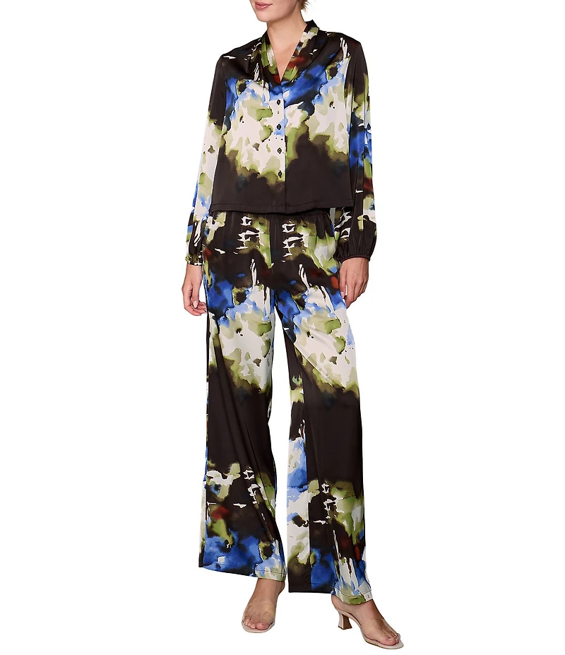 MELLODAY Coordinating Abstract Print Shawl Collar Long Sleeve Satin Top