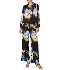 MELLODAY Coordinating Abstract Print Shawl Collar Long Sleeve Satin Top