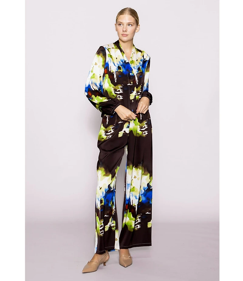 MELLODAY Coordinating Abstract Print Shawl Collar Long Sleeve Satin Top