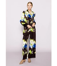 MELLODAY Coordinating Abstract Print Shawl Collar Long Sleeve Satin Top