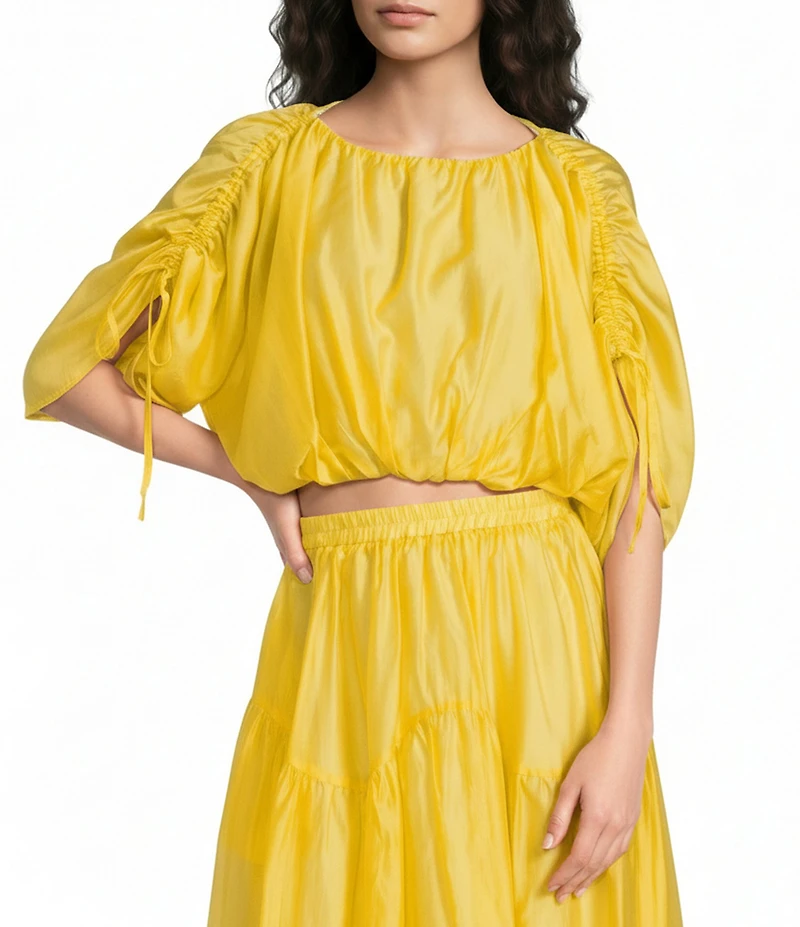 Melloday Coordinating Faux Silk Ruched Elbow Sleeve Bubble Hem Top