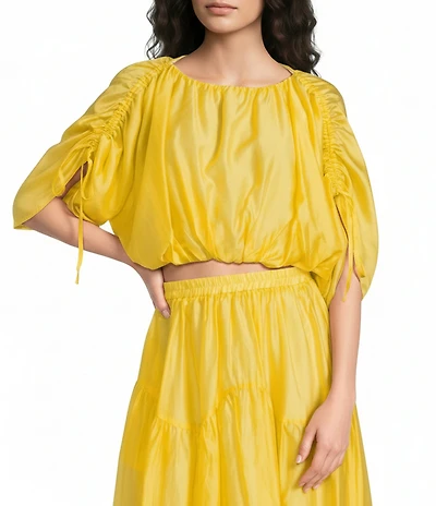 Melloday Coordinating Faux Silk Ruched Elbow Sleeve Bubble Hem Top