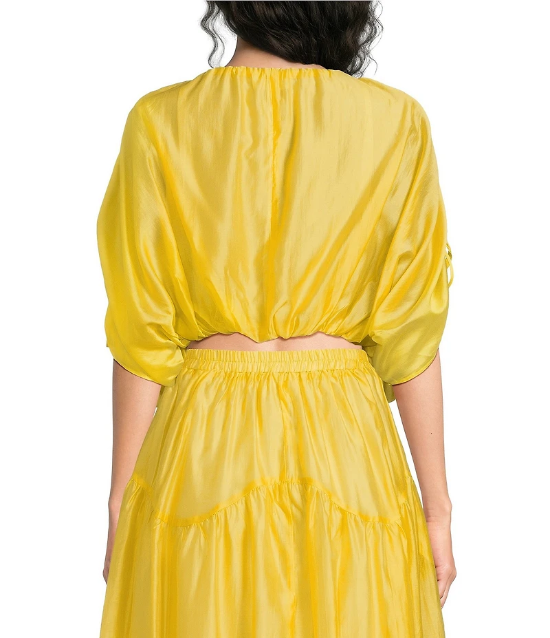 Melloday Coordinating Faux Silk Ruched Elbow Sleeve Bubble Hem Top