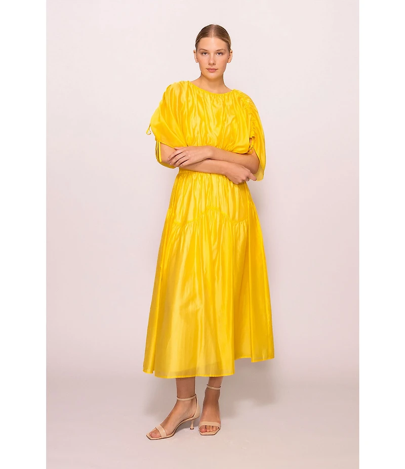 Melloday Coordinating Faux Silk Ruched Elbow Sleeve Bubble Hem Top