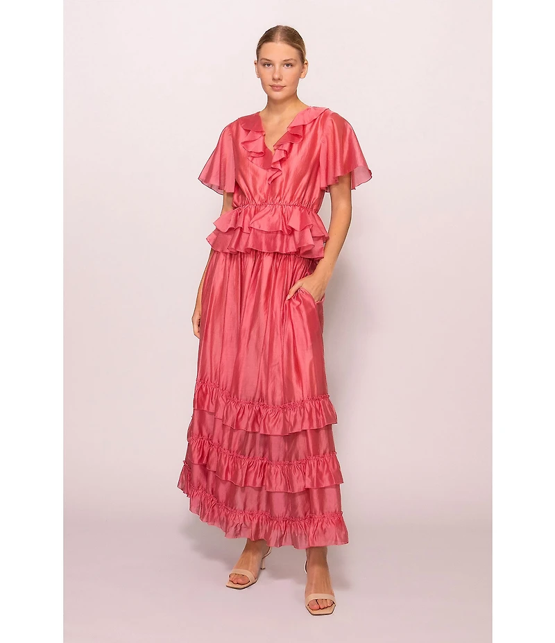 MELLODAY Coordinating Faux Silk Ruffle Tiered A-Line Maxi Skirt