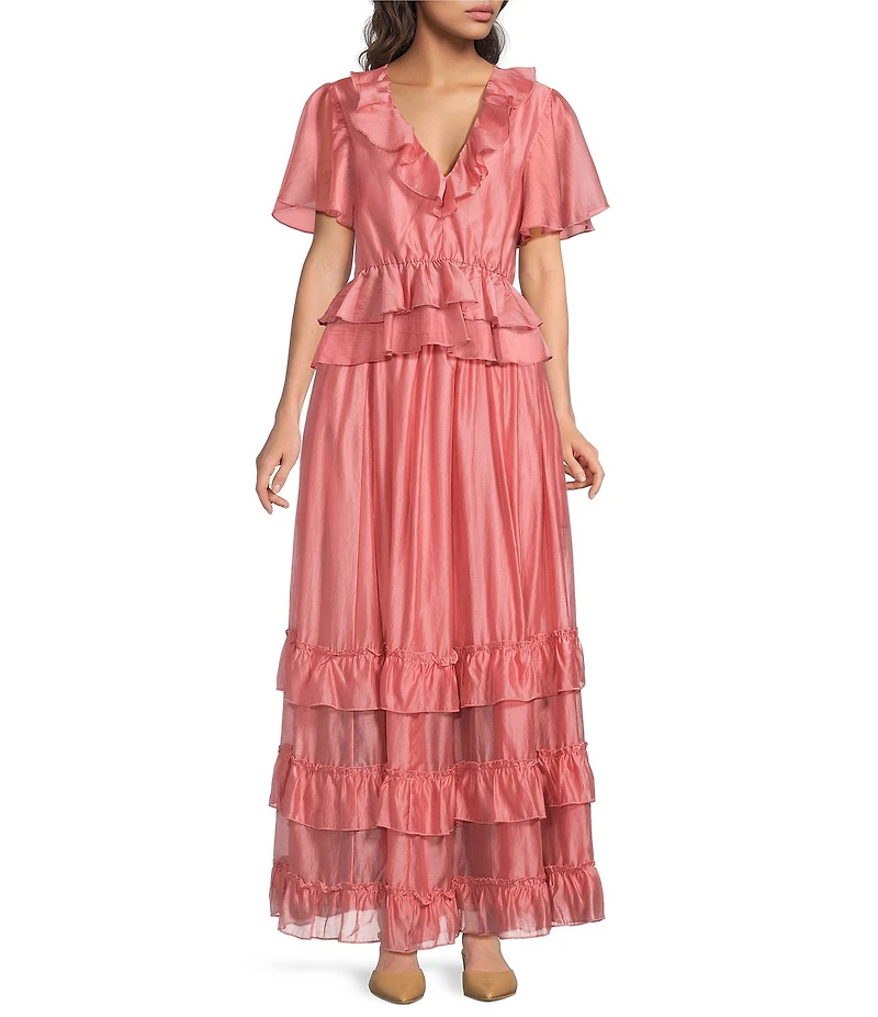 MELLODAY Coordinating Faux Silk Ruffled V-Neck Flutter Sleeve Peplum Blouse