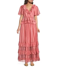 MELLODAY Coordinating Faux Silk Ruffled V-Neck Flutter Sleeve Peplum Blouse